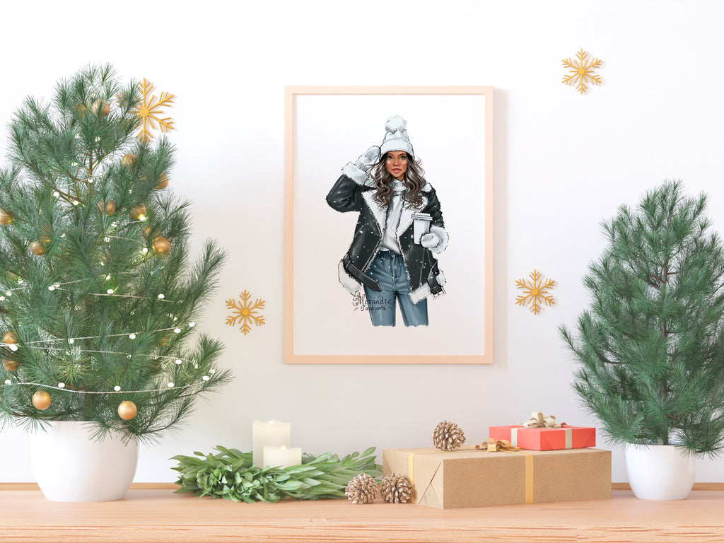 Digital Watercolor Illustration Fashion Girl Winter Jacket Christmas Holiday Coffee Cup Beauty Girl Clipart Stickers Planner Dashboard