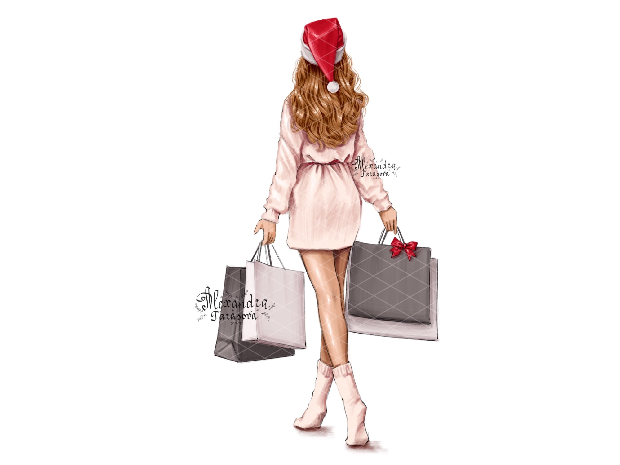 Digital Watercolor Illustration Fashion Girl Christmas Gifts Planner Stickers Digital Download Shopping Bags Beautiful African American Girl