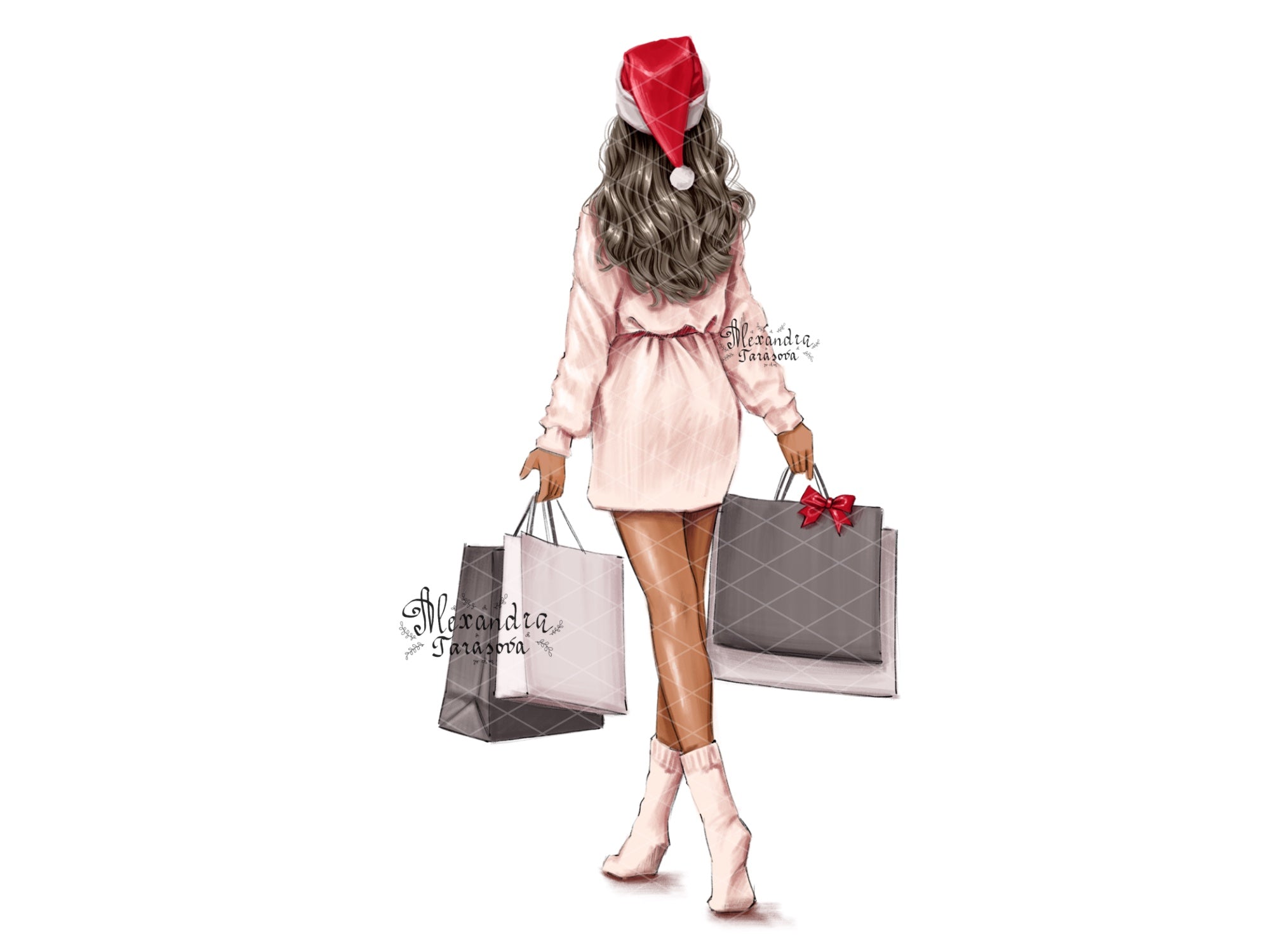 Digital Watercolor Illustration Fashion Girl Christmas Gifts Planner Stickers Digital Download Shopping Bags Beautiful African American Girl