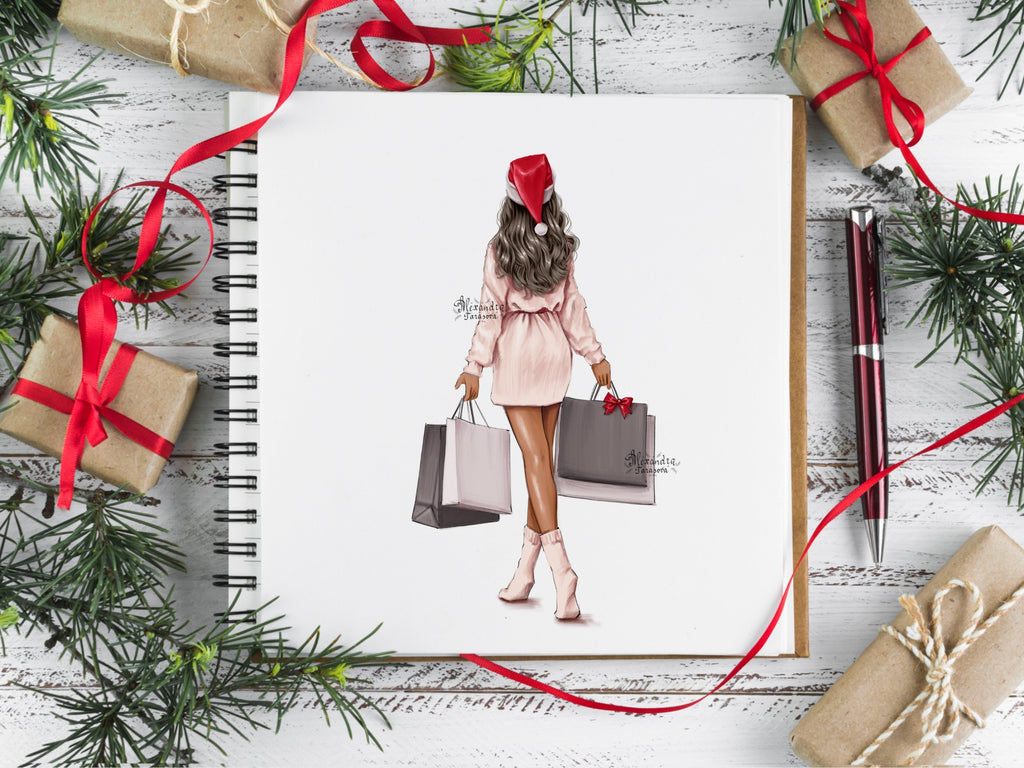 Digital Watercolor Illustration Fashion Girl Christmas Gifts Planner Stickers Digital Download Shopping Bags Beautiful African American Girl