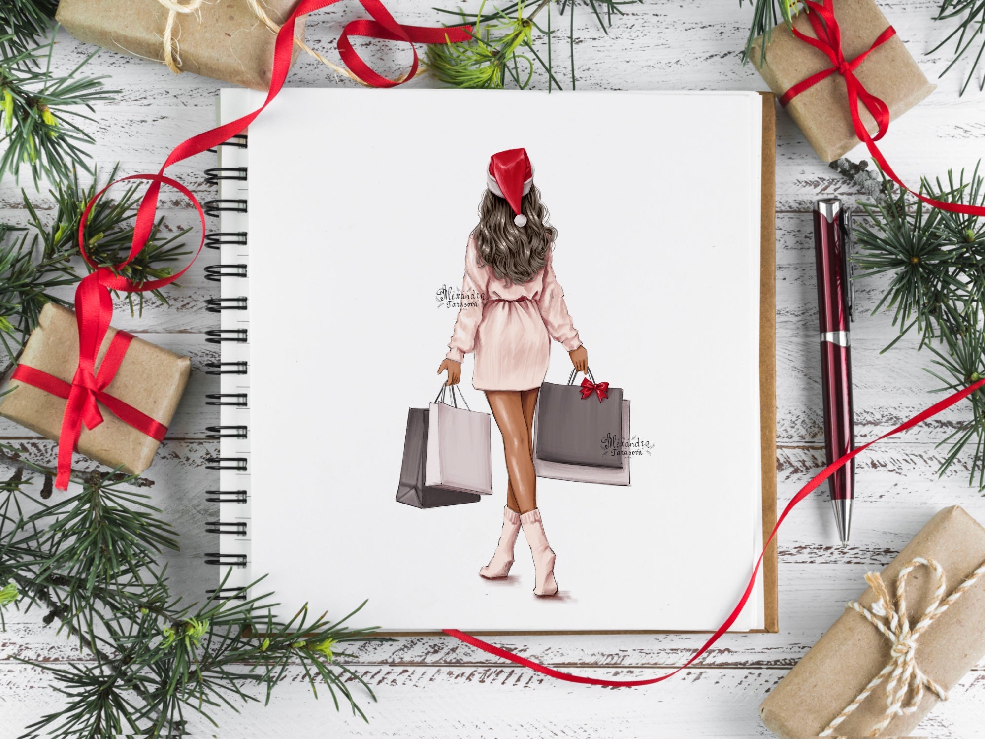 Digital Watercolor Illustration Fashion Girl Christmas Gifts Planner Stickers Digital Download Shopping Bags Beautiful African American Girl