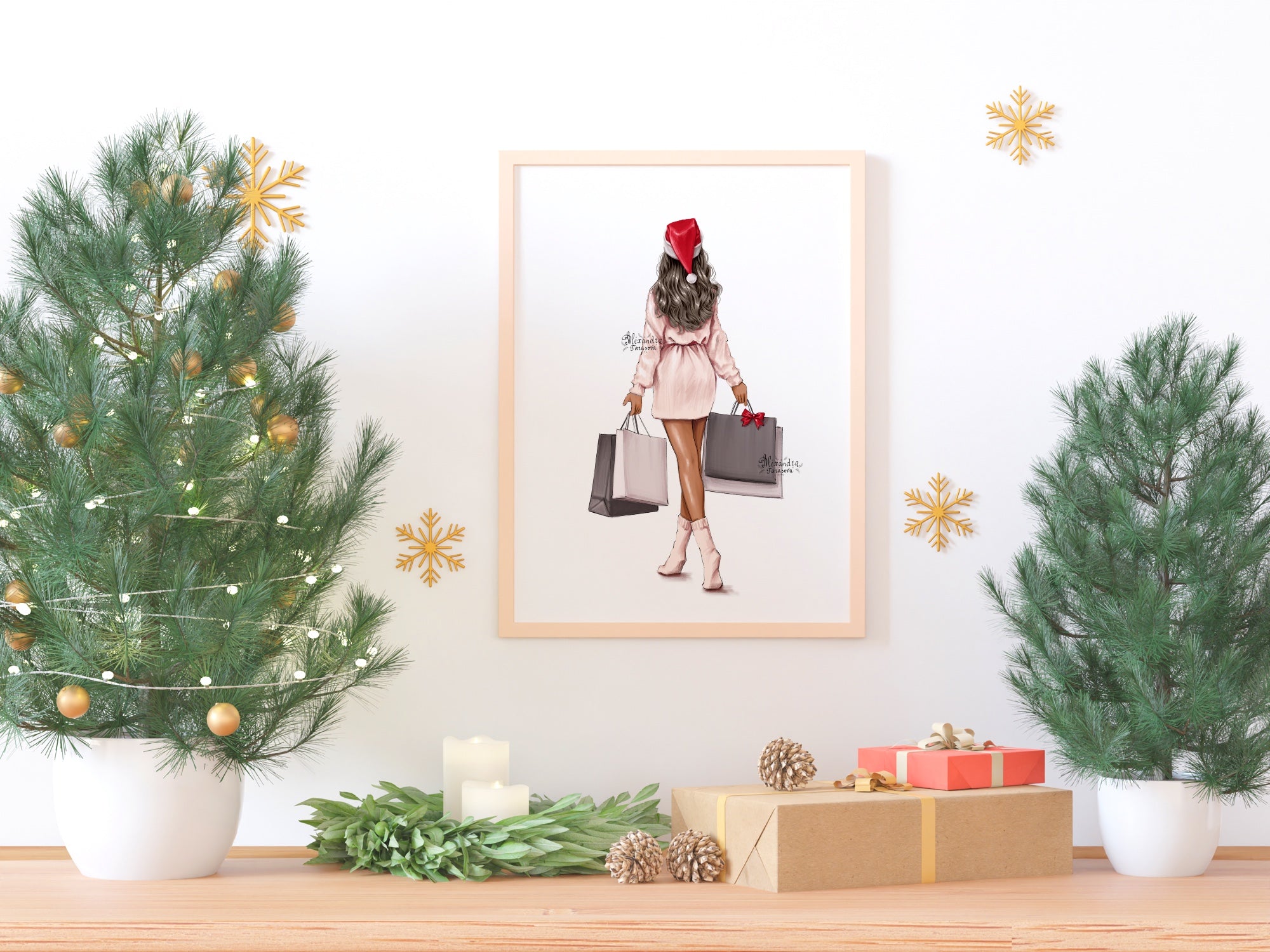 Digital Watercolor Illustration Fashion Girl Christmas Gifts Planner Stickers Digital Download Shopping Bags Beautiful African American Girl