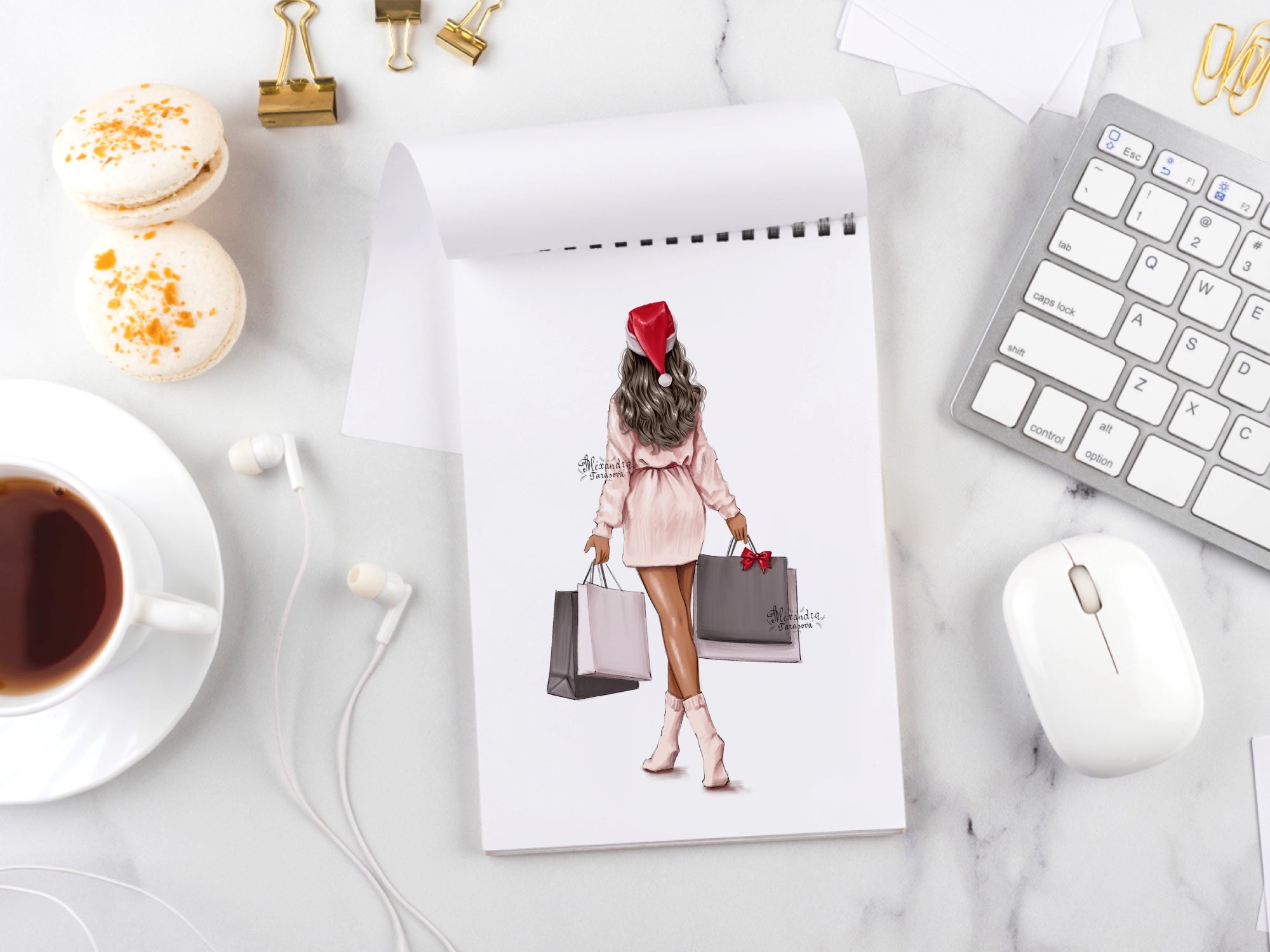 Digital Watercolor Illustration Fashion Girl Christmas Gifts Planner Stickers Digital Download Shopping Bags Beautiful African American Girl