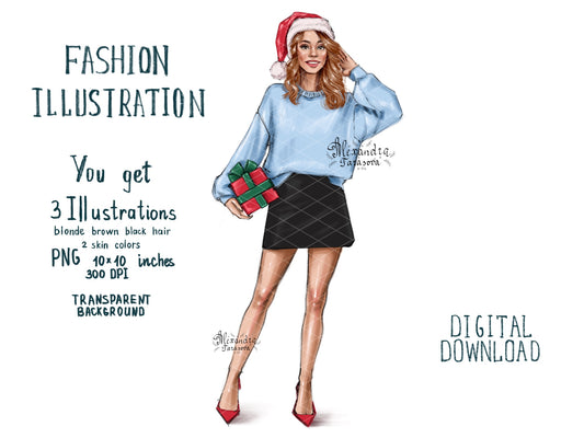 Digital Watercolor Illustration Christmas Gift Winter Holiday Fashion Girl Black Girl Clipart Planner Sticker Digital Download