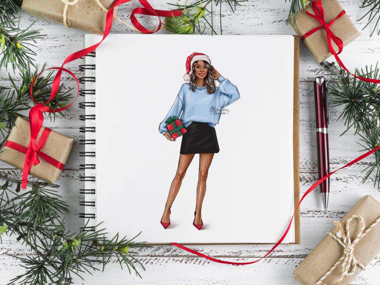 Digital Watercolor Illustration Christmas Gift Winter Holiday Fashion Girl Black Girl Clipart Planner Sticker Digital Download