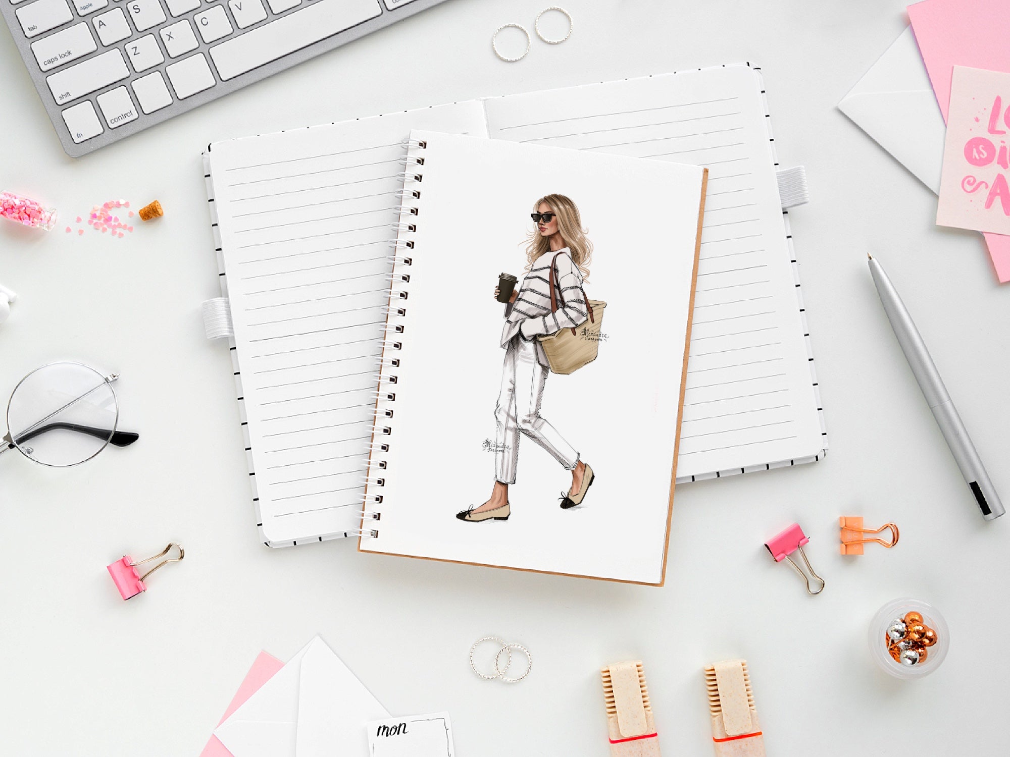 Digital Watercolor Illustration Drawing Sketch Planner Stickers Fashion Girl Paris Style Printable Art Beauty Girl Png Files