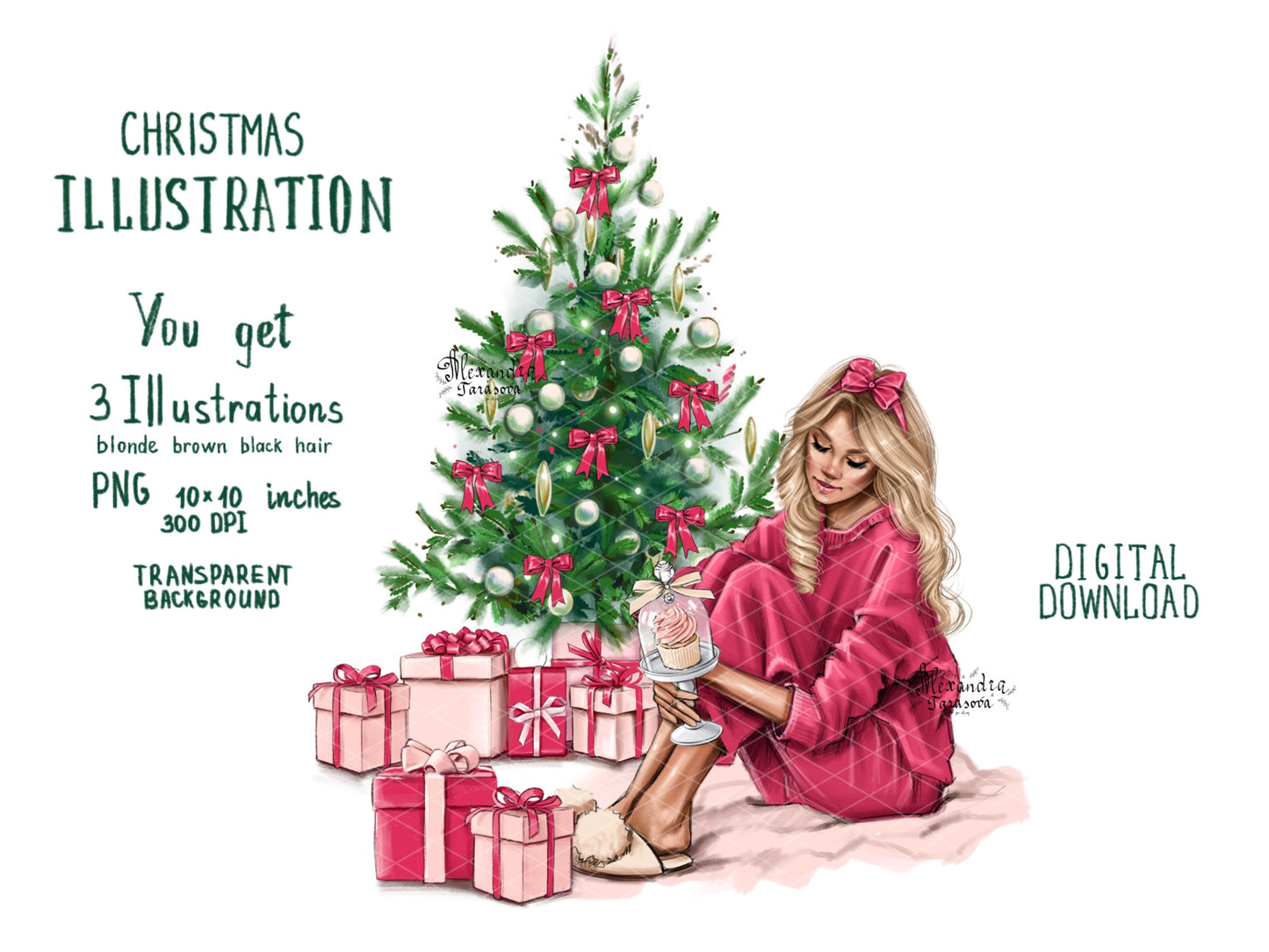 Digital Watercolor Illustration Christmas Tree Winter Holiday Happy New Year Clipart Red Ribbon Fashion Girl Pink Gifts