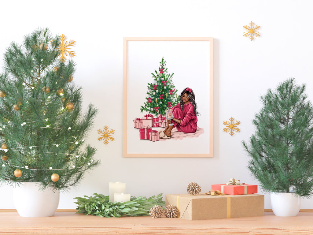 Digital Watercolor Illustration Christmas Tree Winter Holiday Happy New Year Clipart Red Ribbon Fashion Girl Pink Gifts