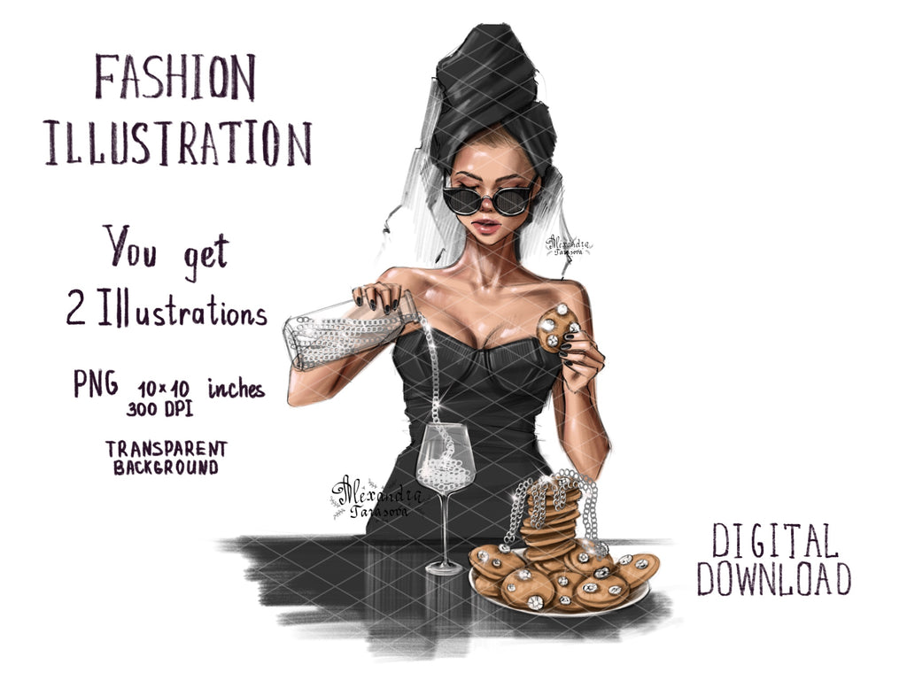 Fashion Illustration Diamond Cookies Glass Chain Black Girl Clipart Printable Art Planner Stickers Milk Chain Png Files