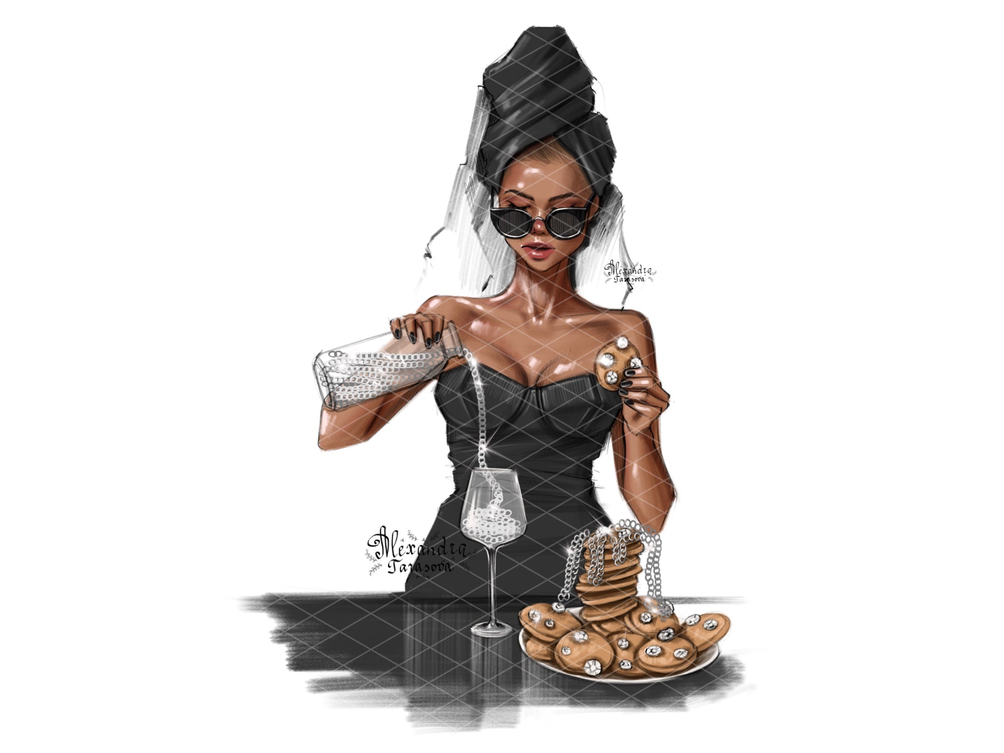 Fashion Illustration Diamond Cookies Glass Chain Black Girl Clipart Printable Art Planner Stickers Milk Chain Png Files