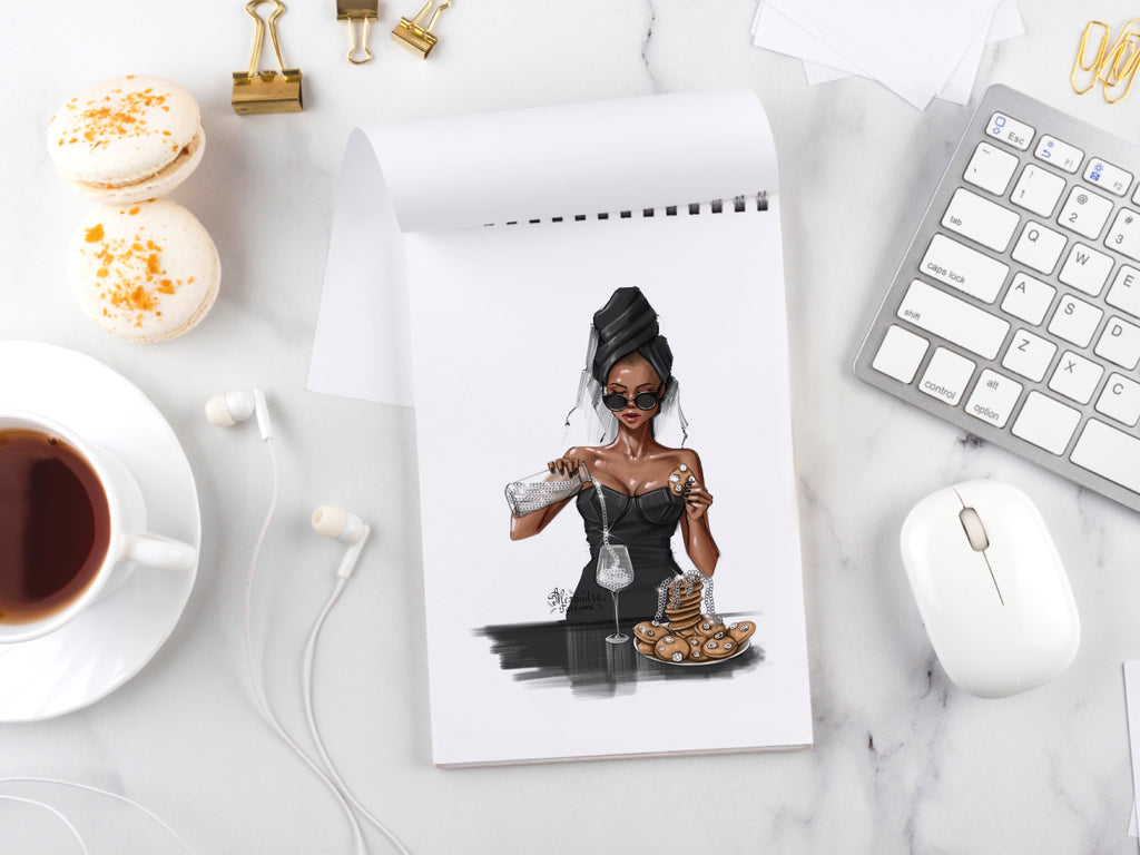 Fashion Illustration Diamond Cookies Glass Chain Black Girl Clipart Printable Art Planner Stickers Milk Chain Png Files