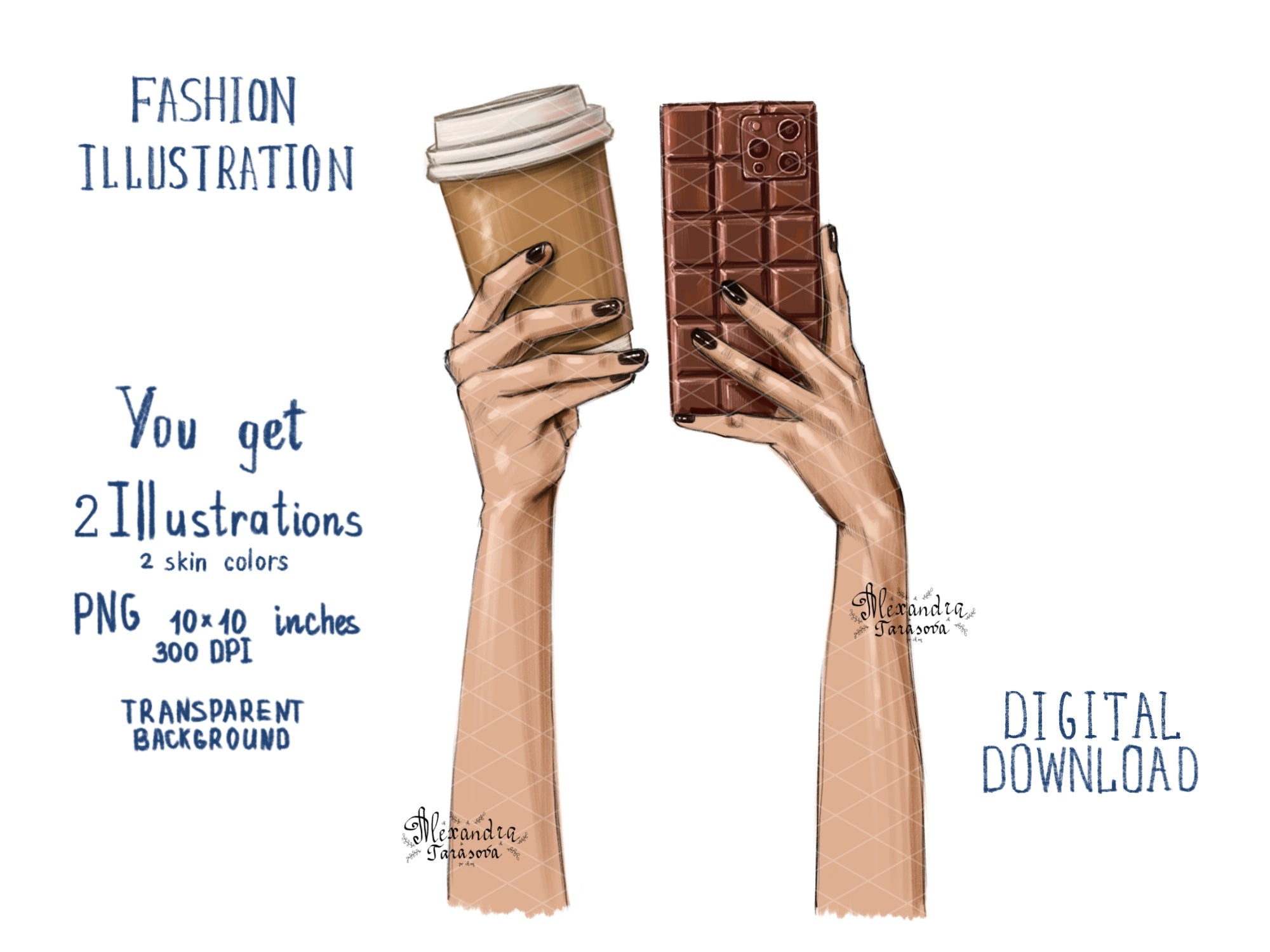 Fashion Illustration Hand Drawn Illustration Phone Chocolate Coffee Cup Planner Stickers Printable Art