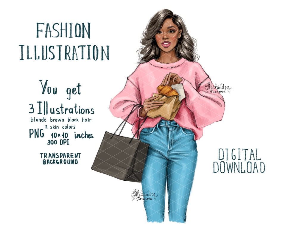 Digital Watercolor Illustration Fashion Illustration Beauty Black Girl Clipart Croissant Shopping Bag Printable Art