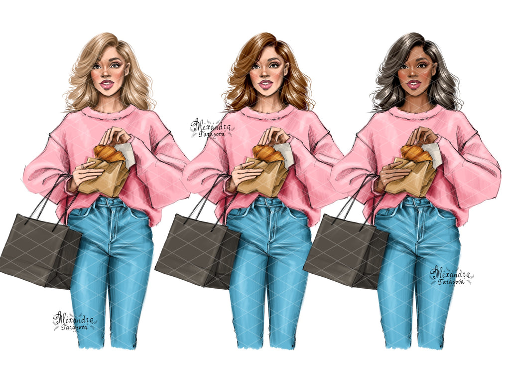 Digital Watercolor Illustration Fashion Illustration Beauty Black Girl Clipart Croissant Shopping Bag Printable Art