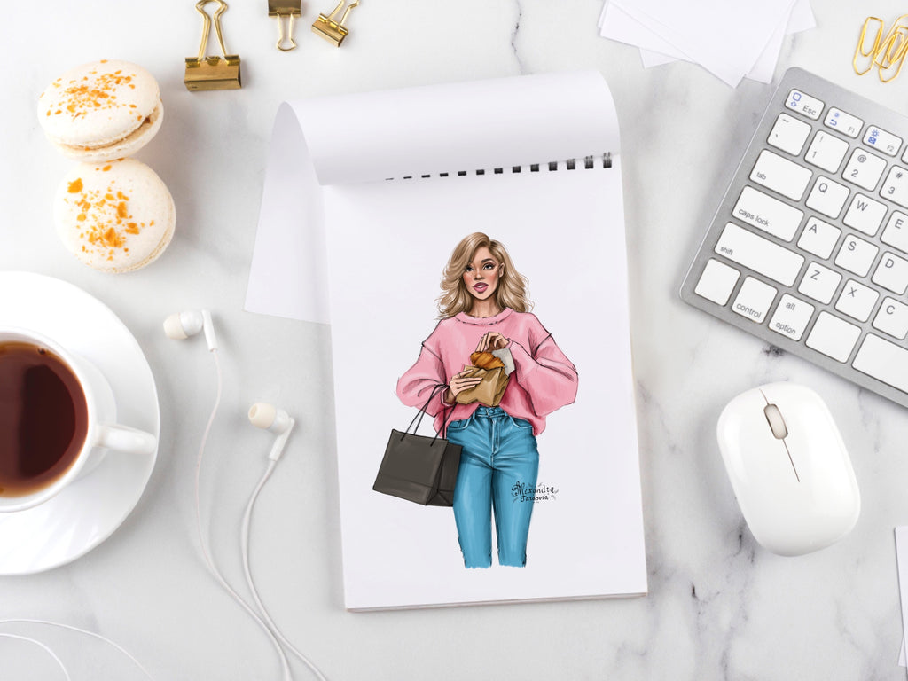 Digital Watercolor Illustration Fashion Illustration Beauty Black Girl Clipart Croissant Shopping Bag Printable Art