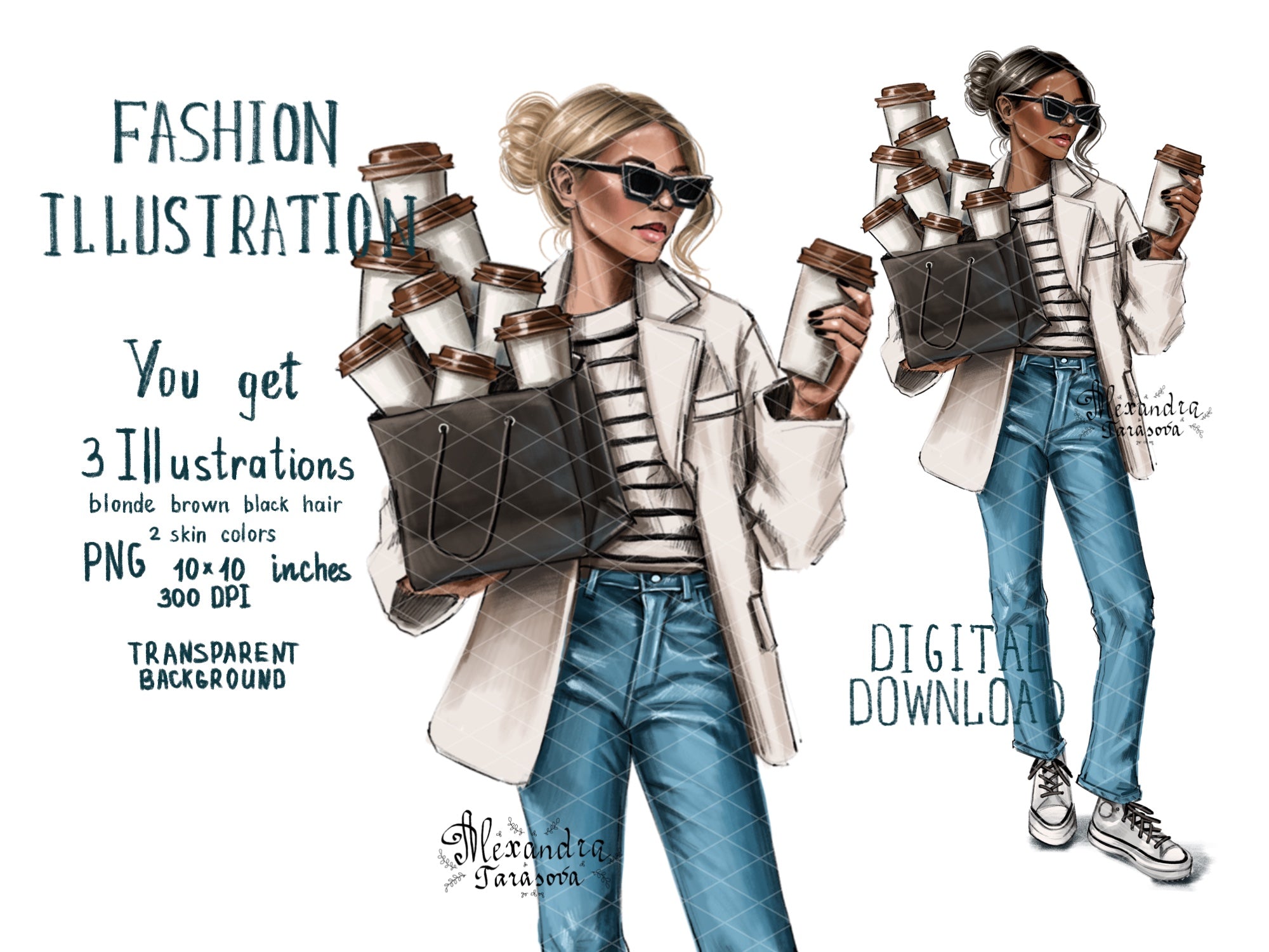 Digital Watercolor Illustration Fashion Girl Clipart Shopping Bag Coffee Cup Blue Jeans Parisian Style Printable Art