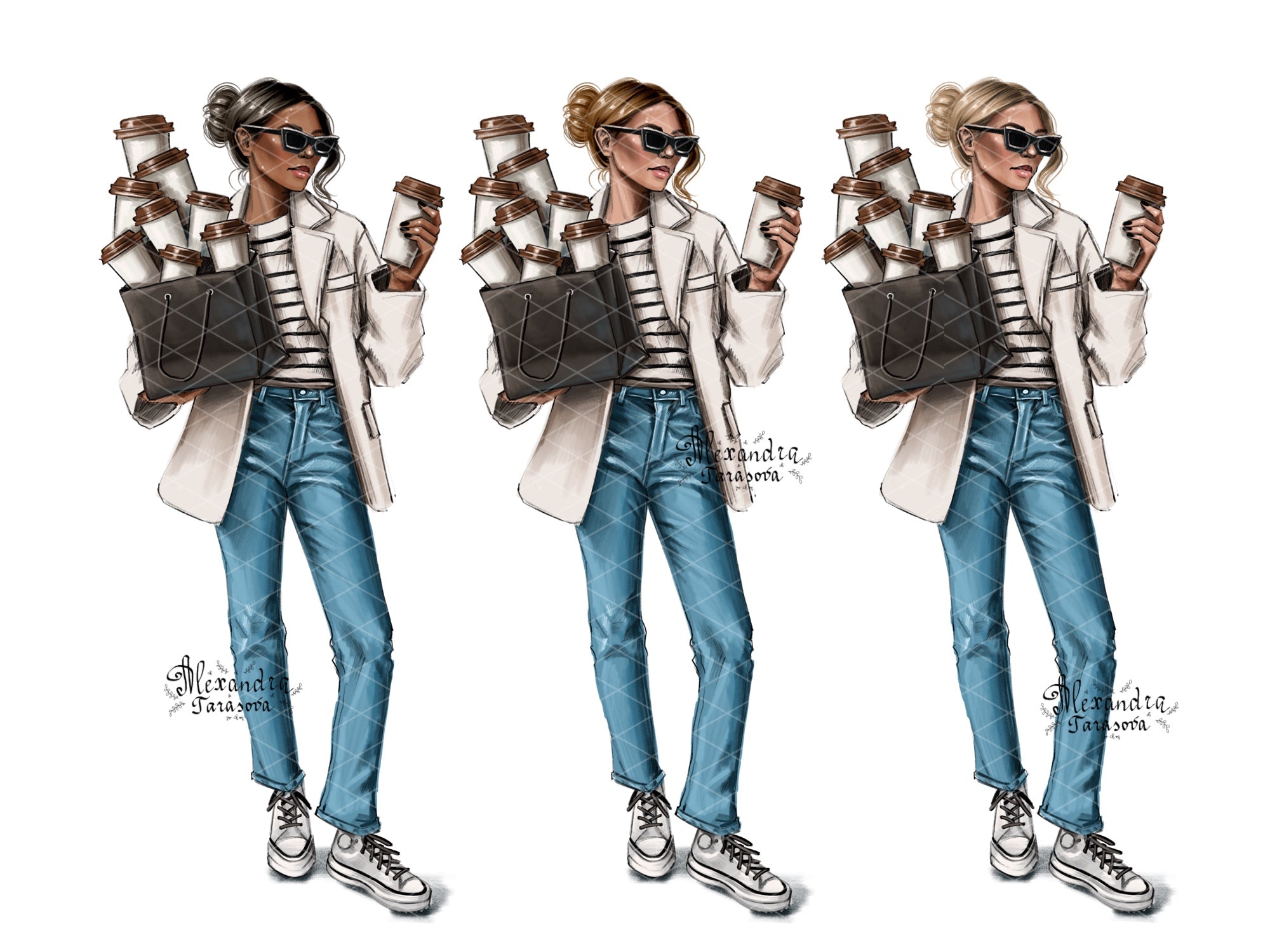 Digital Watercolor Illustration Fashion Girl Clipart Shopping Bag Coffee Cup Blue Jeans Parisian Style Printable Art