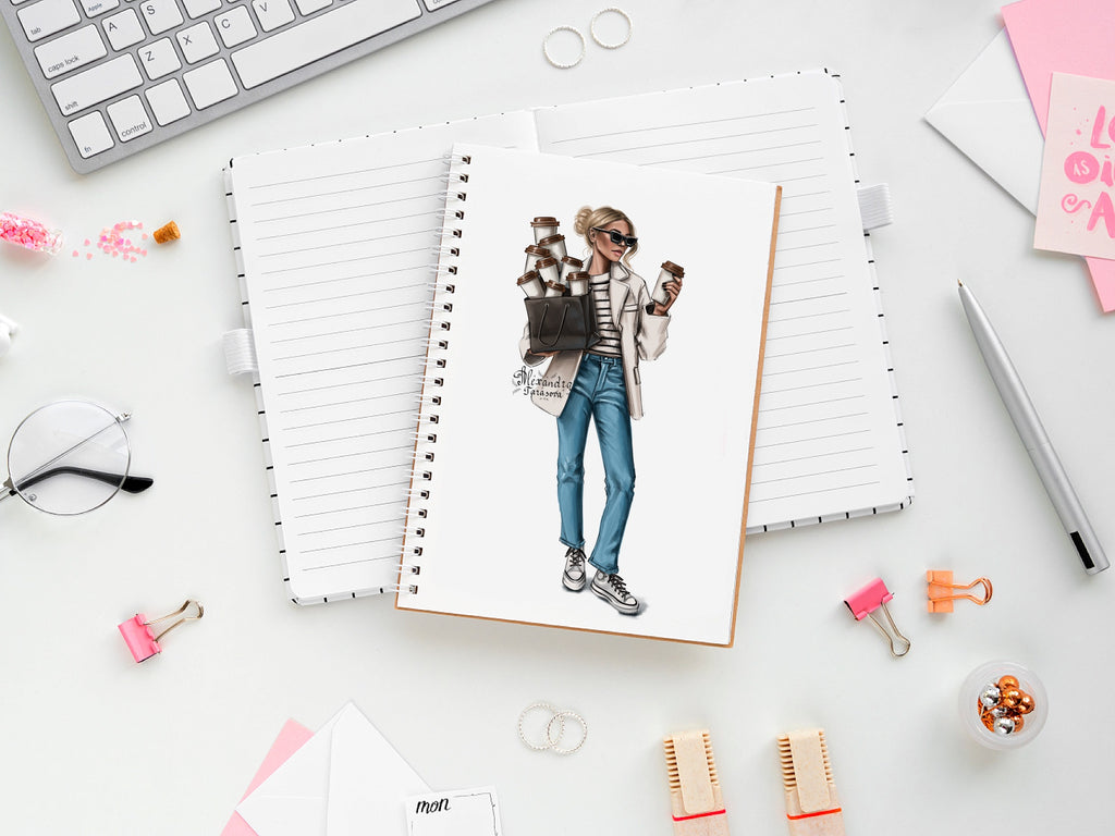 Digital Watercolor Illustration Fashion Girl Clipart Shopping Bag Coffee Cup Blue Jeans Parisian Style Printable Art