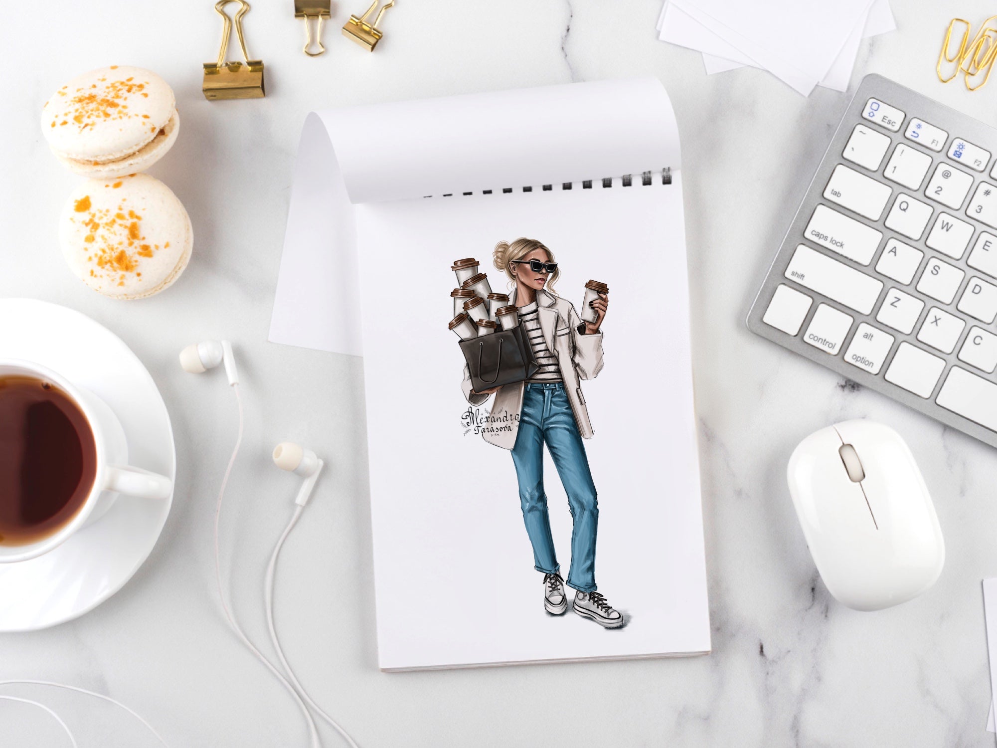 Digital Watercolor Illustration Fashion Girl Clipart Shopping Bag Coffee Cup Blue Jeans Parisian Style Printable Art