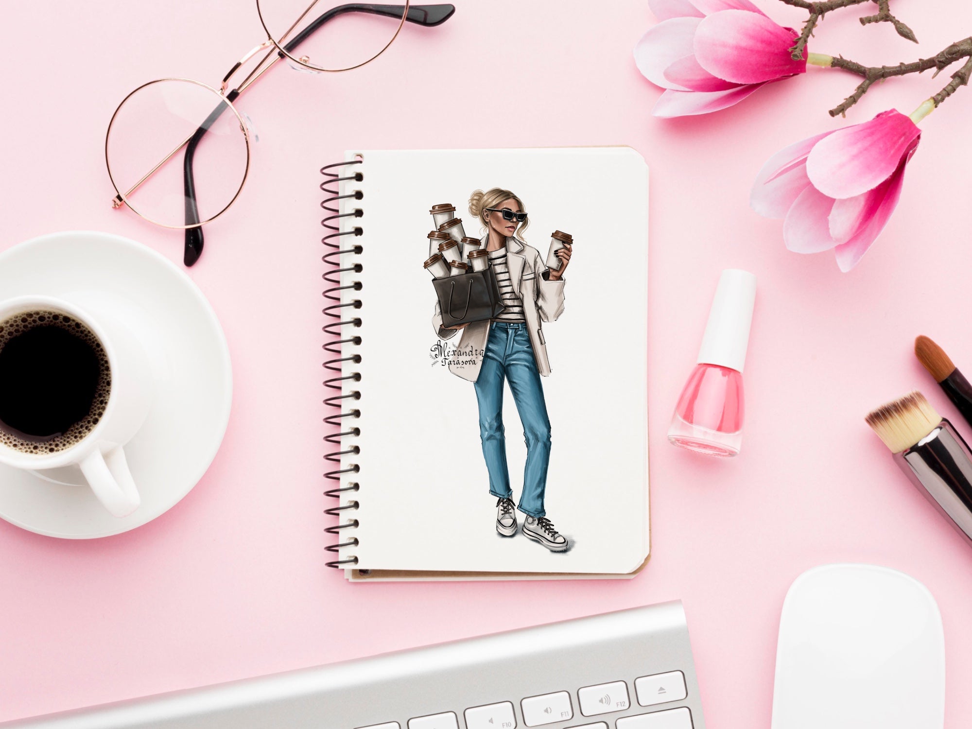 Digital Watercolor Illustration Fashion Girl Clipart Shopping Bag Coffee Cup Blue Jeans Parisian Style Printable Art