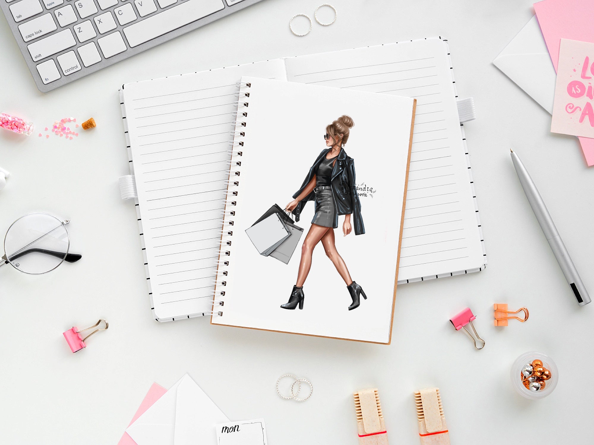 Digital Watercolor Illustration Fashion Girl Black Girl Trendy Leather Jacket Stylish Brown Backpack Printable Art Paintin Boss Girl