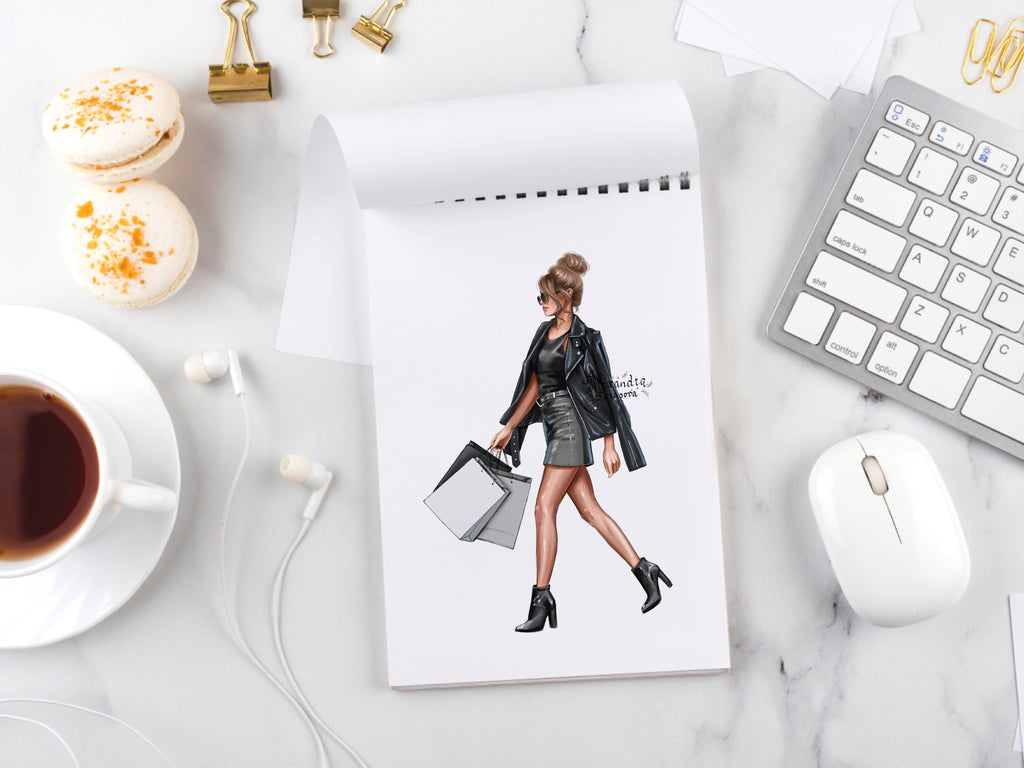 Digital Watercolor Illustration Fashion Girl Black Girl Trendy Leather Jacket Stylish Brown Backpack Printable Art Paintin Boss Girl