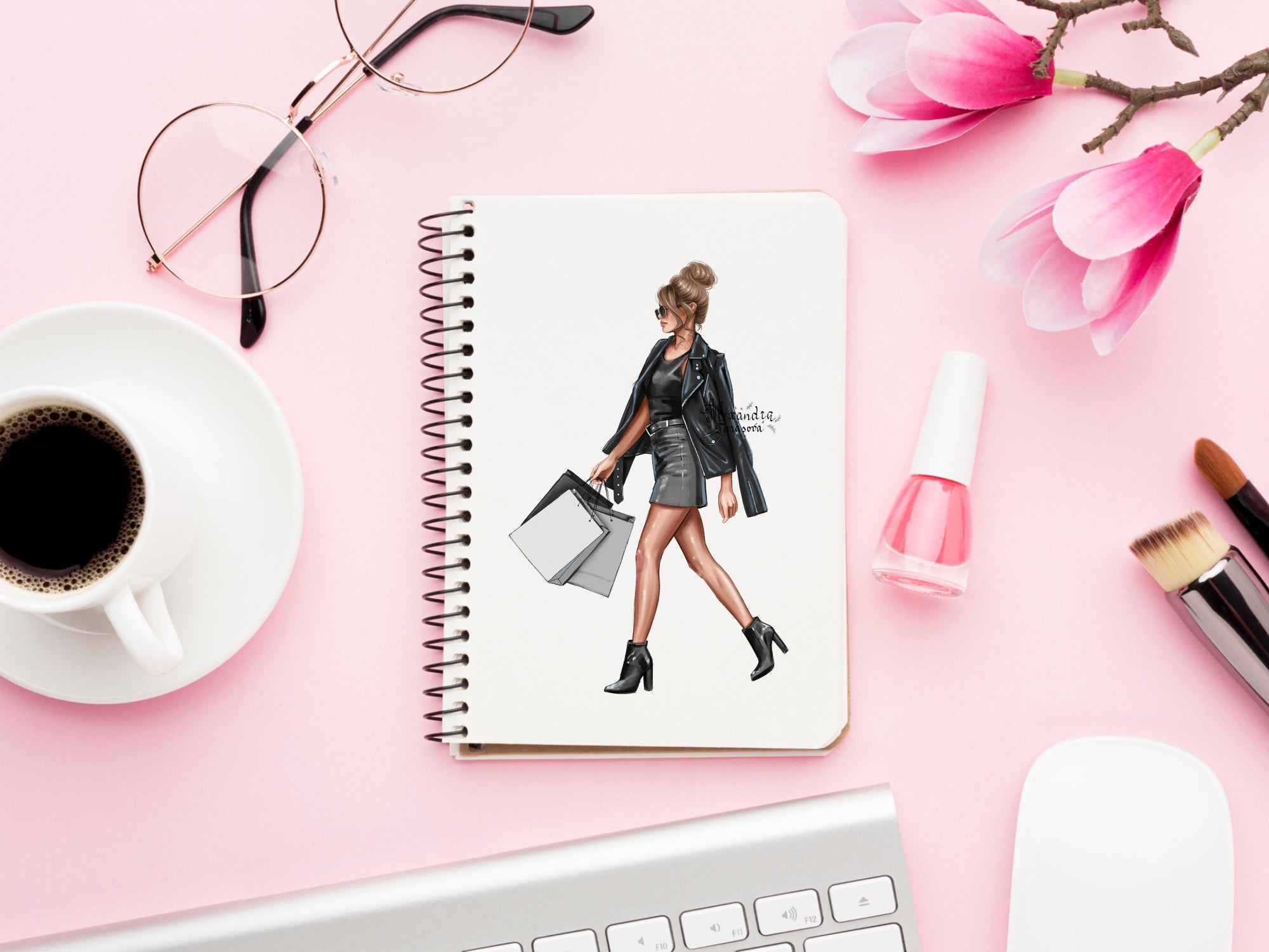 Digital Watercolor Illustration Fashion Girl Black Girl Trendy Leather Jacket Stylish Brown Backpack Printable Art Paintin Boss Girl