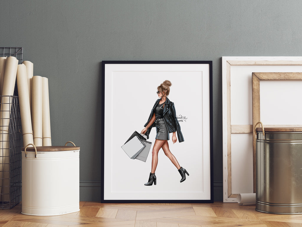 Digital Watercolor Illustration Fashion Girl Black Girl Trendy Leather Jacket Stylish Brown Backpack Printable Art Paintin Boss Girl