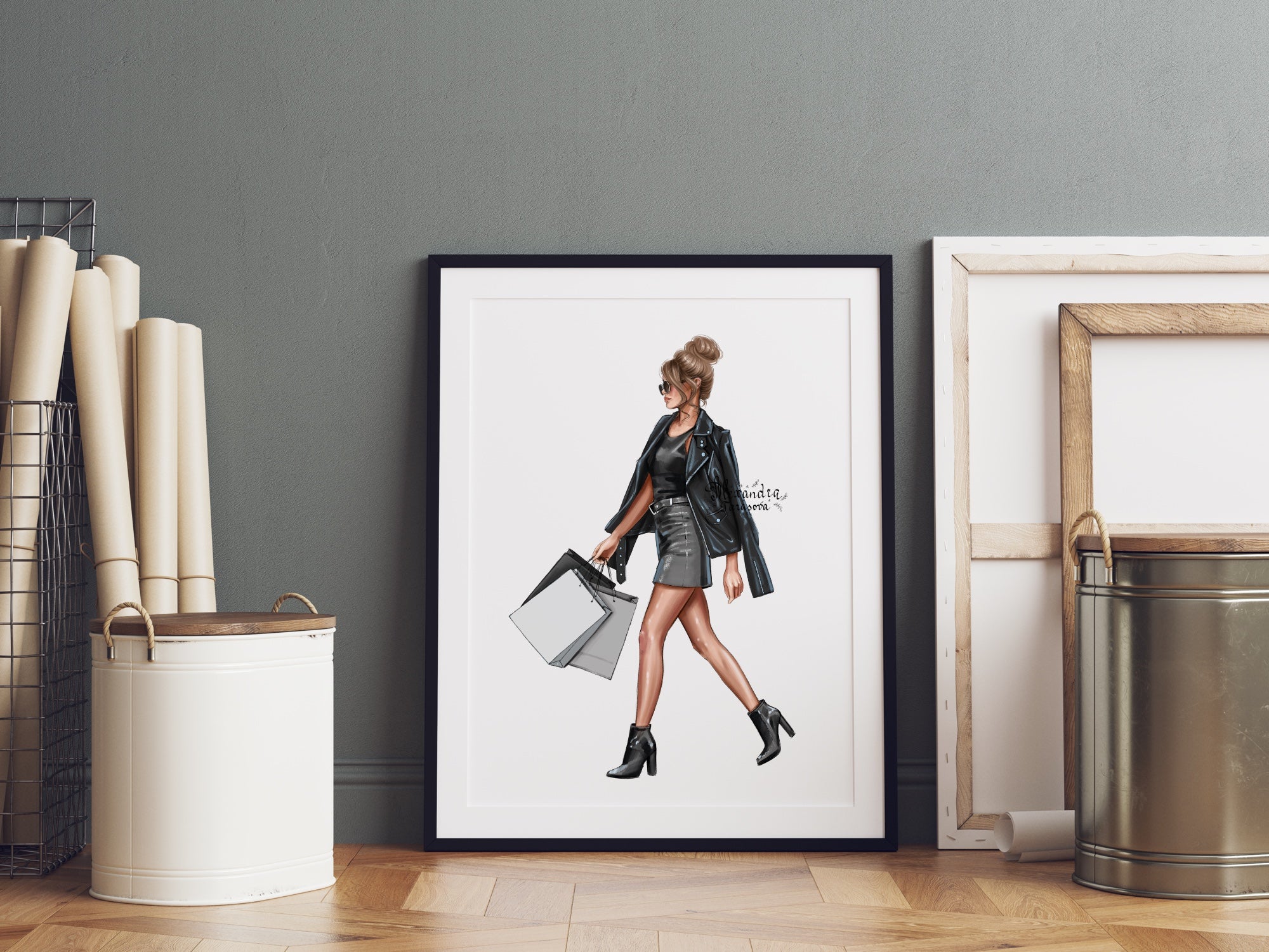 Digital Watercolor Illustration Fashion Girl Black Girl Trendy Leather Jacket Stylish Brown Backpack Printable Art Paintin Boss Girl