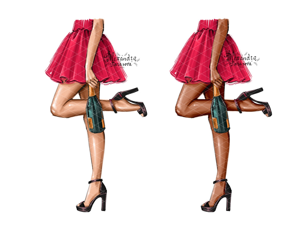 Fashion Illustration Planner Stickers Beauty Girl Red Dress Champagne Clipart Drawing Sketch Watercolor Painting Instant Download