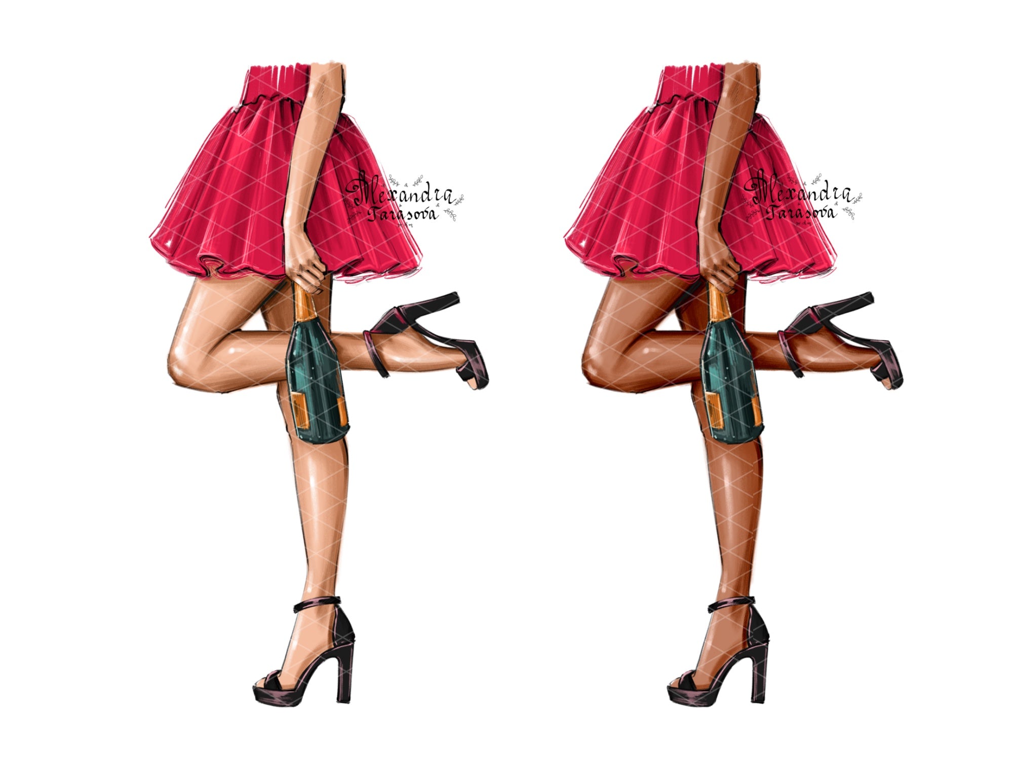 Fashion Illustration Planner Stickers Beauty Girl Red Dress Champagne Clipart Drawing Sketch Watercolor Painting Instant Download