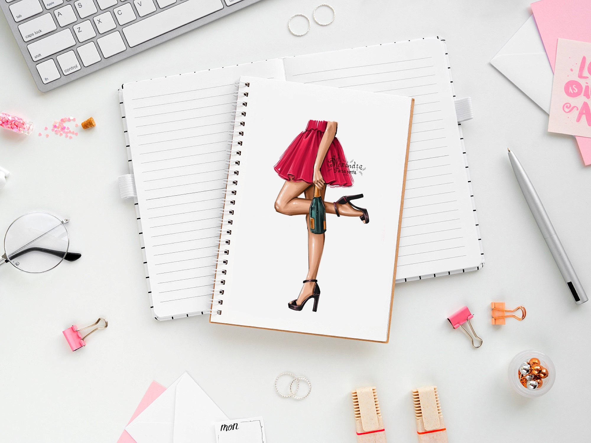 Fashion Illustration Planner Stickers Beauty Girl Red Dress Champagne Clipart Drawing Sketch Watercolor Painting Instant Download