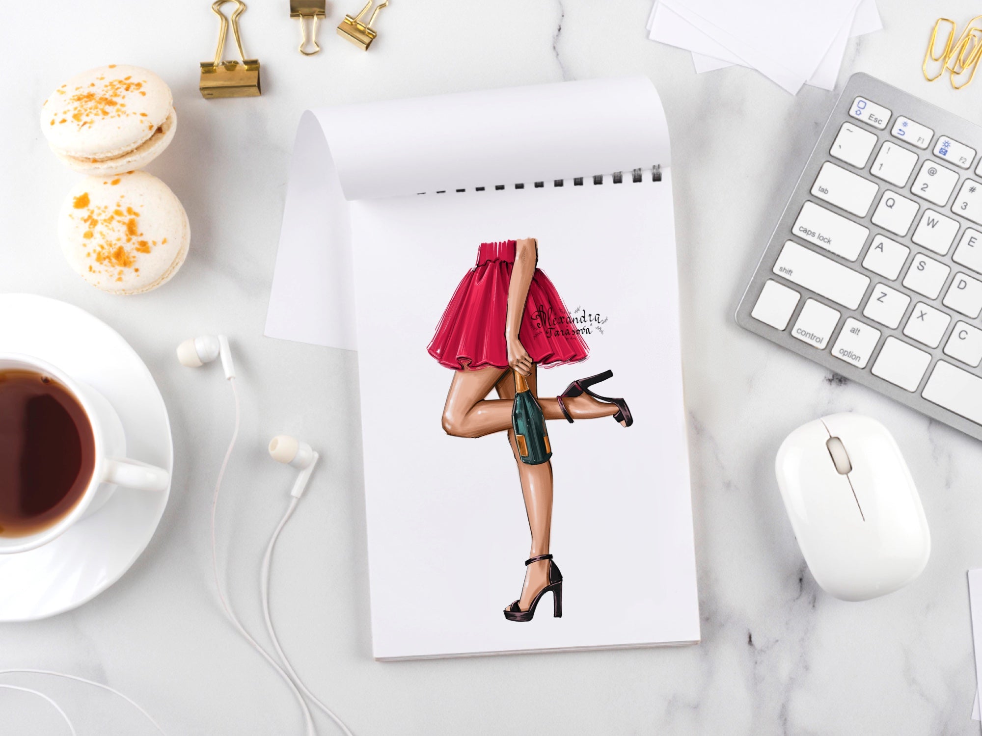 Fashion Illustration Planner Stickers Beauty Girl Red Dress Champagne Clipart Drawing Sketch Watercolor Painting Instant Download