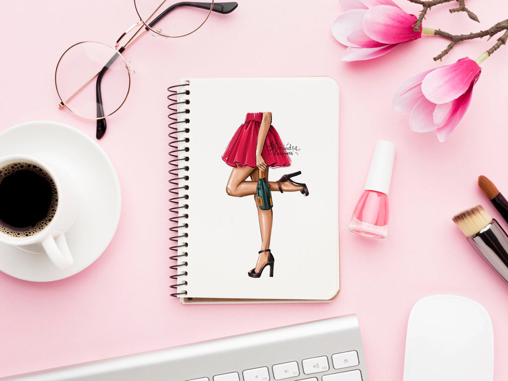 Fashion Illustration Planner Stickers Beauty Girl Red Dress Champagne Clipart Drawing Sketch Watercolor Painting Instant Download