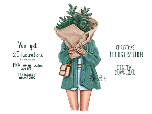 Digital Illustration Fashion Illustration Clipart Christmas Tree Stylish Girls Winter Holiday Cozy Sweater Printable Art Planner Stickers