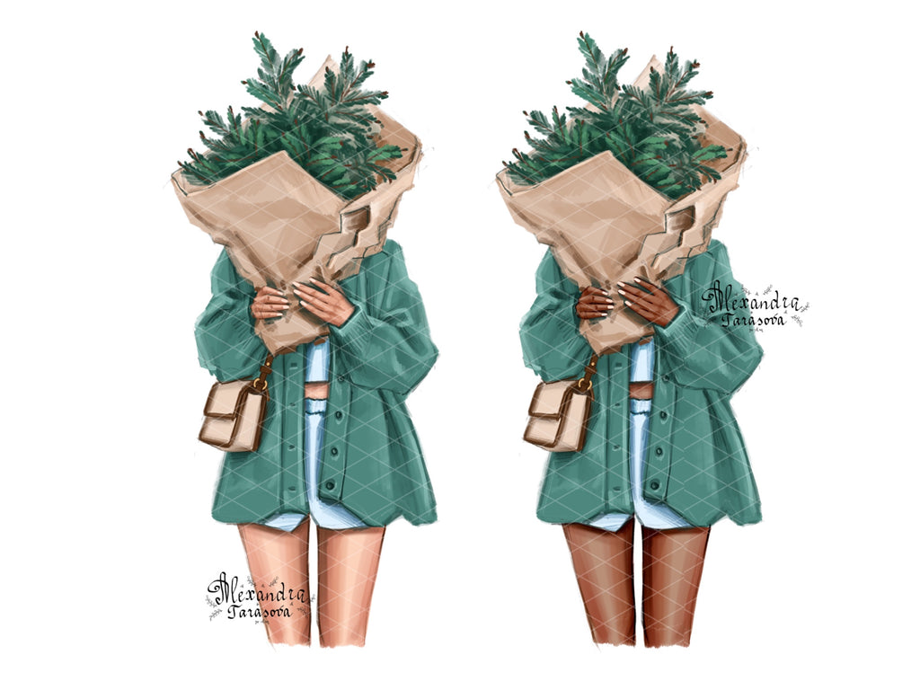 Digital Illustration Fashion Illustration Clipart Christmas Tree Stylish Girls Winter Holiday Cozy Sweater Printable Art Planner Stickers