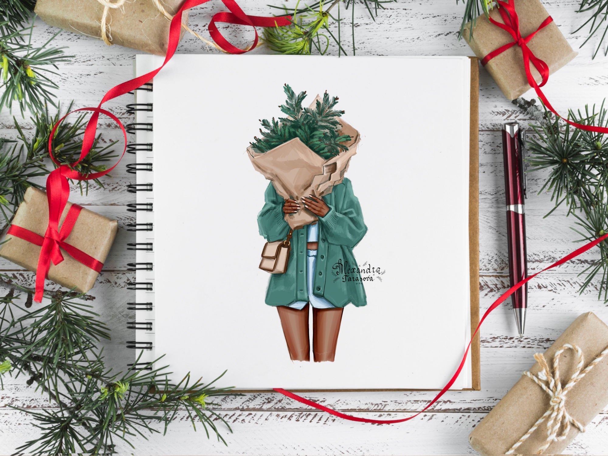 Digital Illustration Fashion Illustration Clipart Christmas Tree Stylish Girls Winter Holiday Cozy Sweater Printable Art Planner Stickers