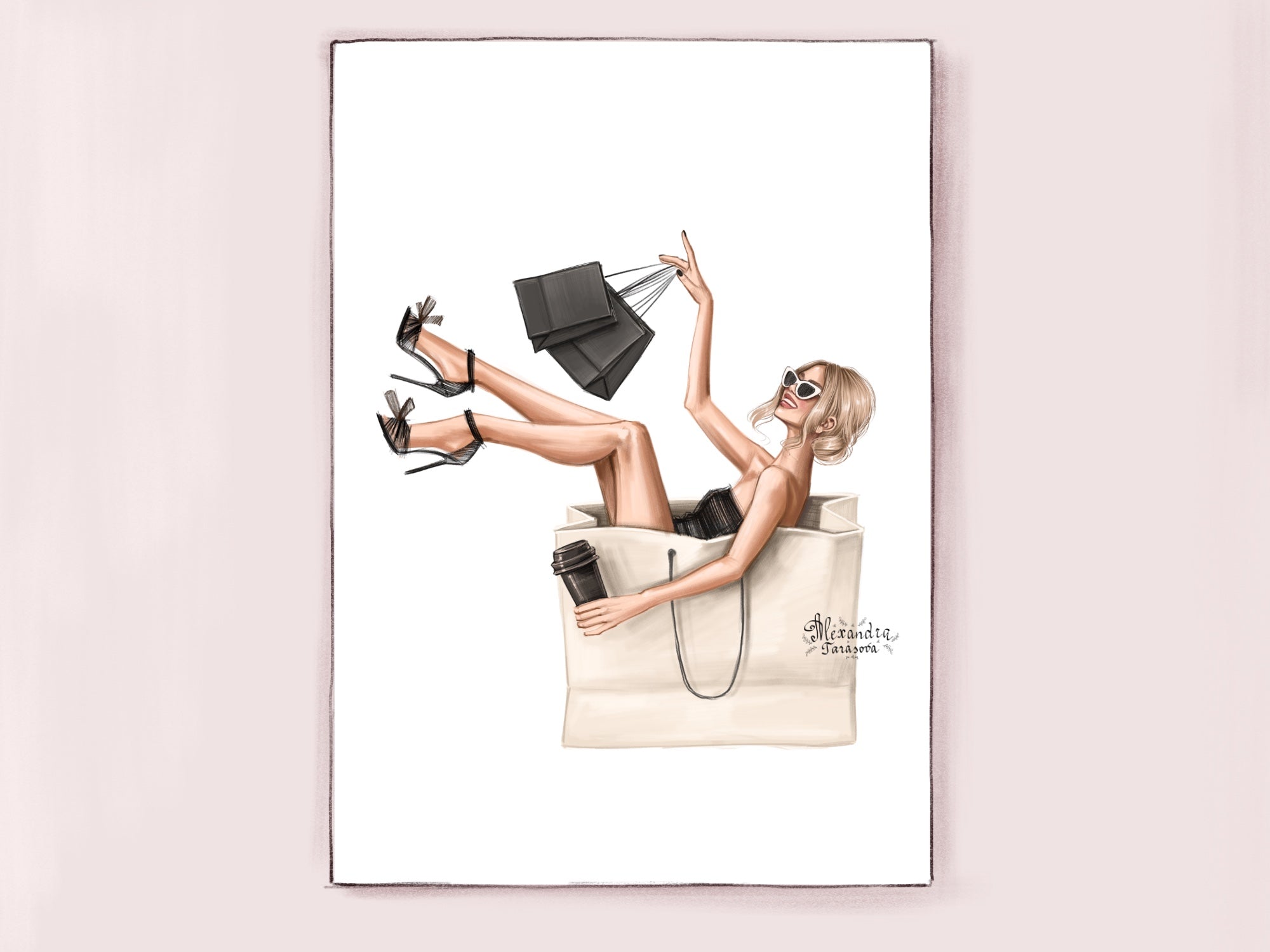 Digital Download Fashion Illustration Girl With Shopping Bags Beauty Girl Black Boss Girl Black Dress Black Shoes Hand Drawn Illustration
