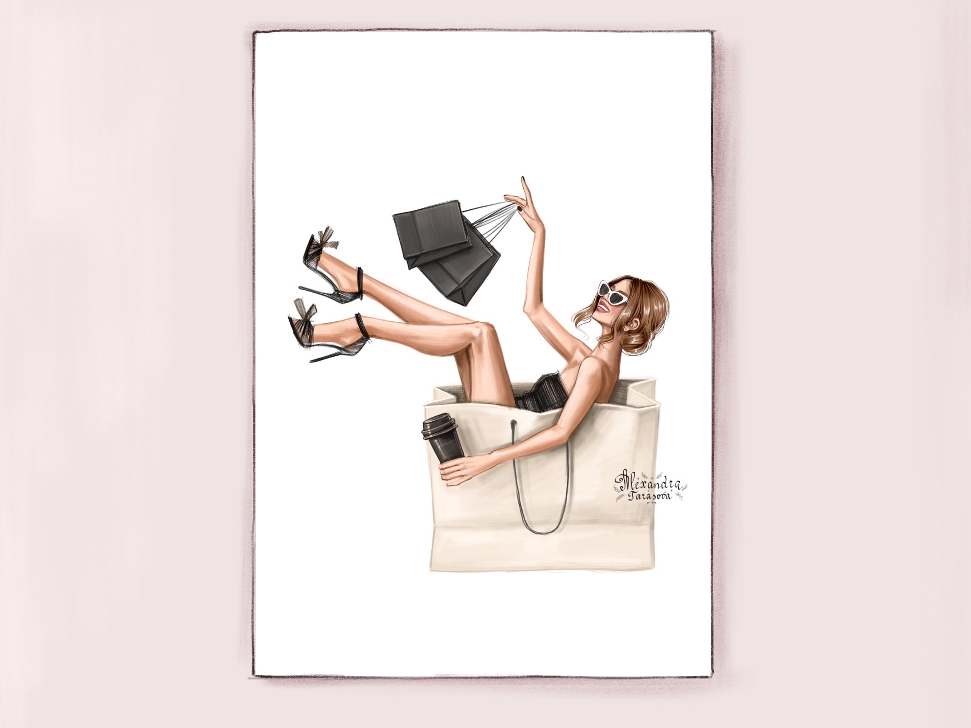 Digital Download Fashion Illustration Girl With Shopping Bags Beauty Girl Black Boss Girl Black Dress Black Shoes Hand Drawn Illustration