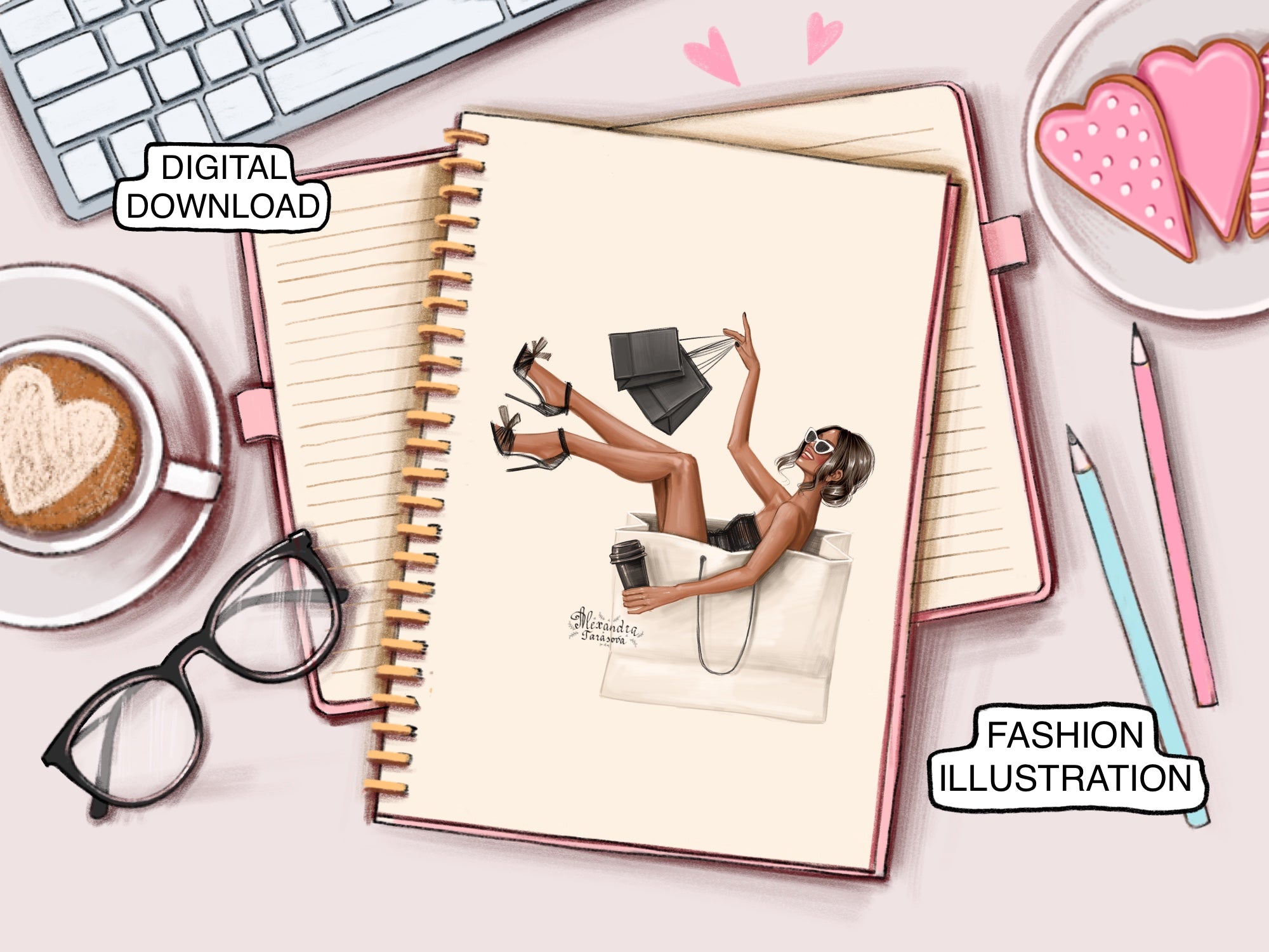 Digital Download Fashion Illustration Girl With Shopping Bags Beauty Girl Black Boss Girl Black Dress Black Shoes Hand Drawn Illustration