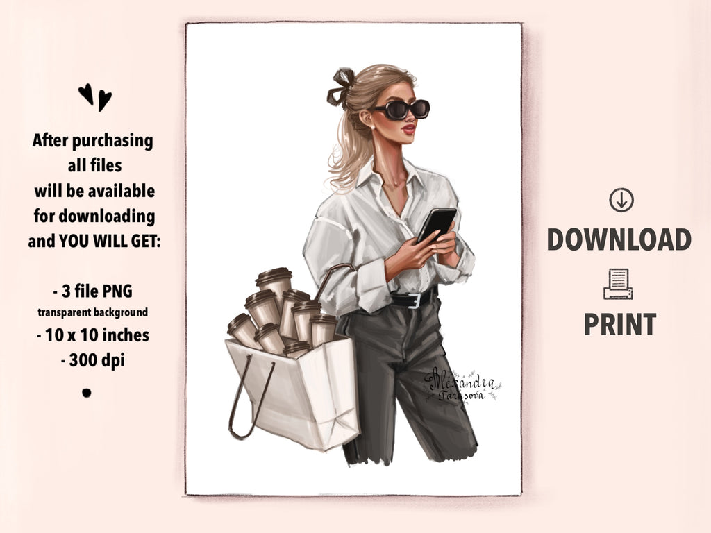 Digital Watercolor Illustration Fashin Girl Coffee Cups Shopping Bag Printable Art