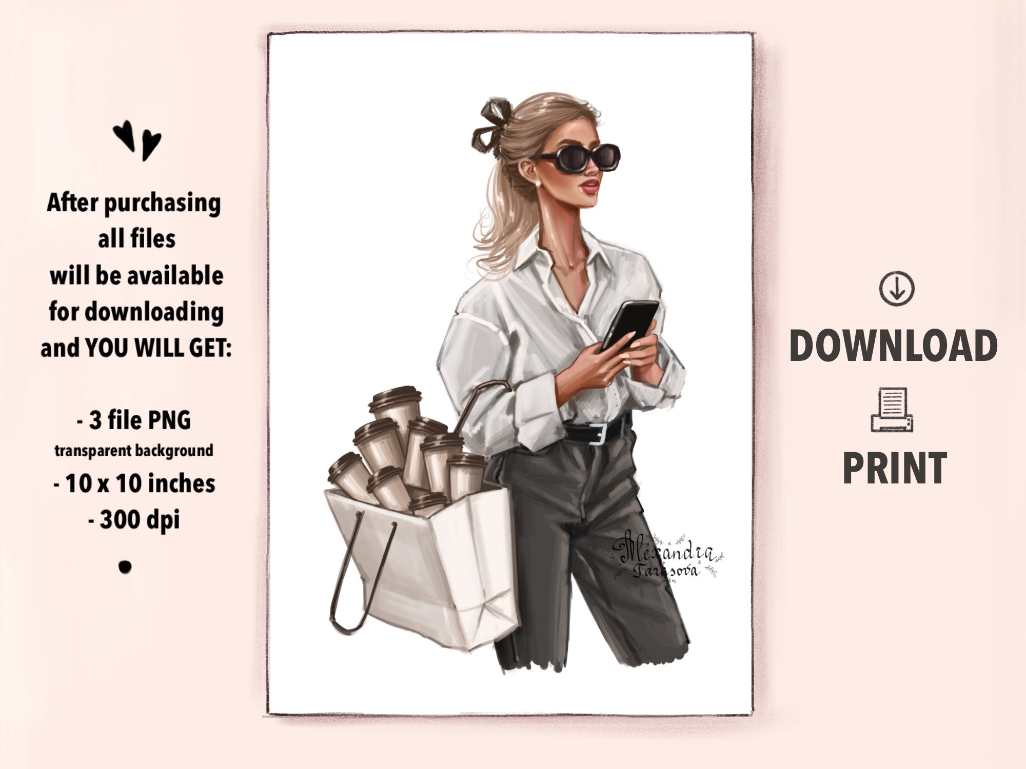 Digital Watercolor Illustration Fashin Girl Coffee Cups Shopping Bag Printable Art