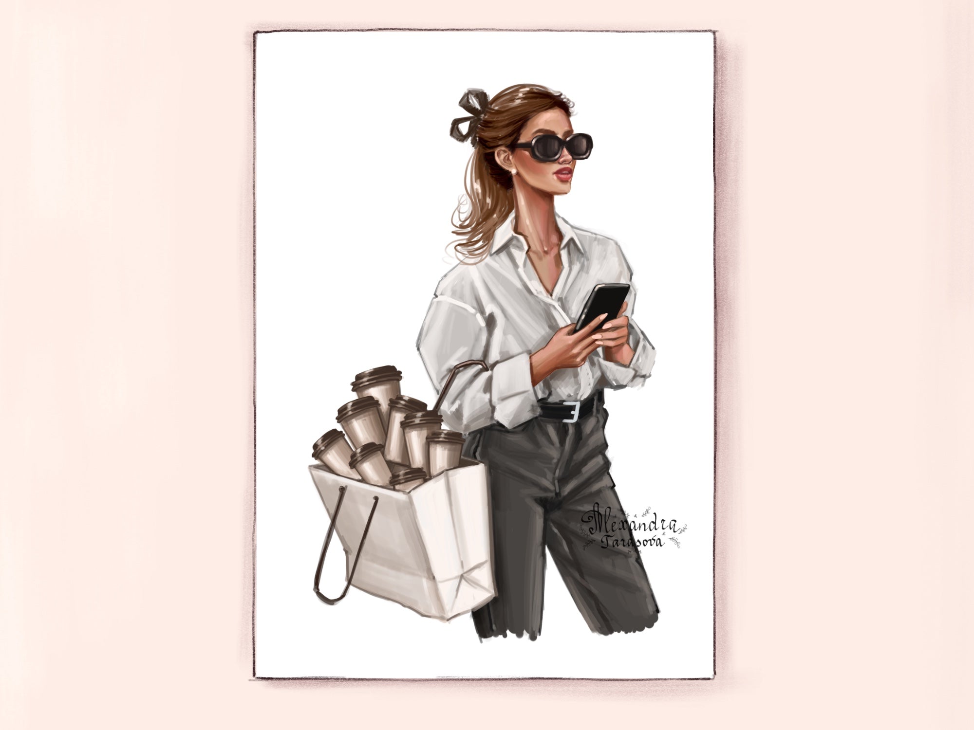 Digital Watercolor Illustration Fashin Girl Coffee Cups Shopping Bag Printable Art