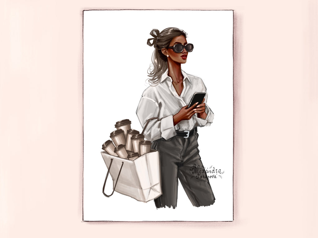 Digital Watercolor Illustration Fashin Girl Coffee Cups Shopping Bag Printable Art