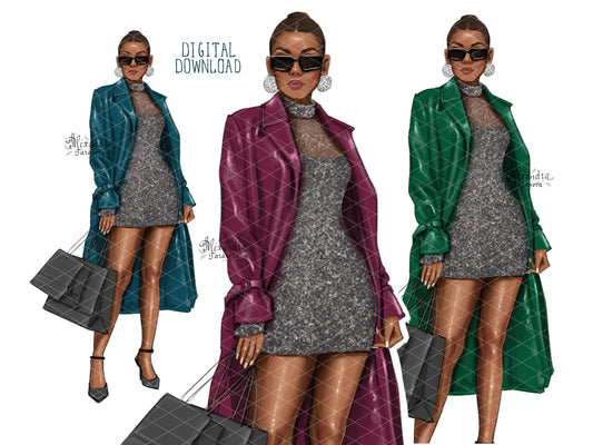 Digital Watercolor Illustration Fashion Black Girl Clipart African American Woman Illustration Business Outfit Shopping Bags Drawing Sketch