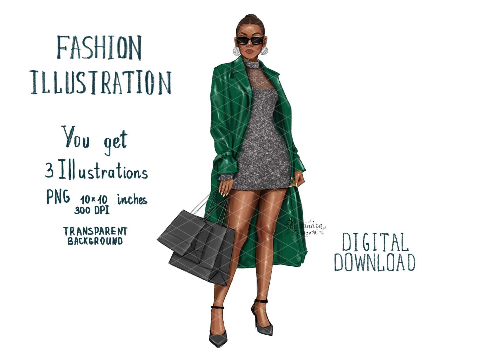 Digital Watercolor Illustration Fashion Black Girl Clipart African American Woman Illustration Business Outfit Shopping Bags Drawing Sketch