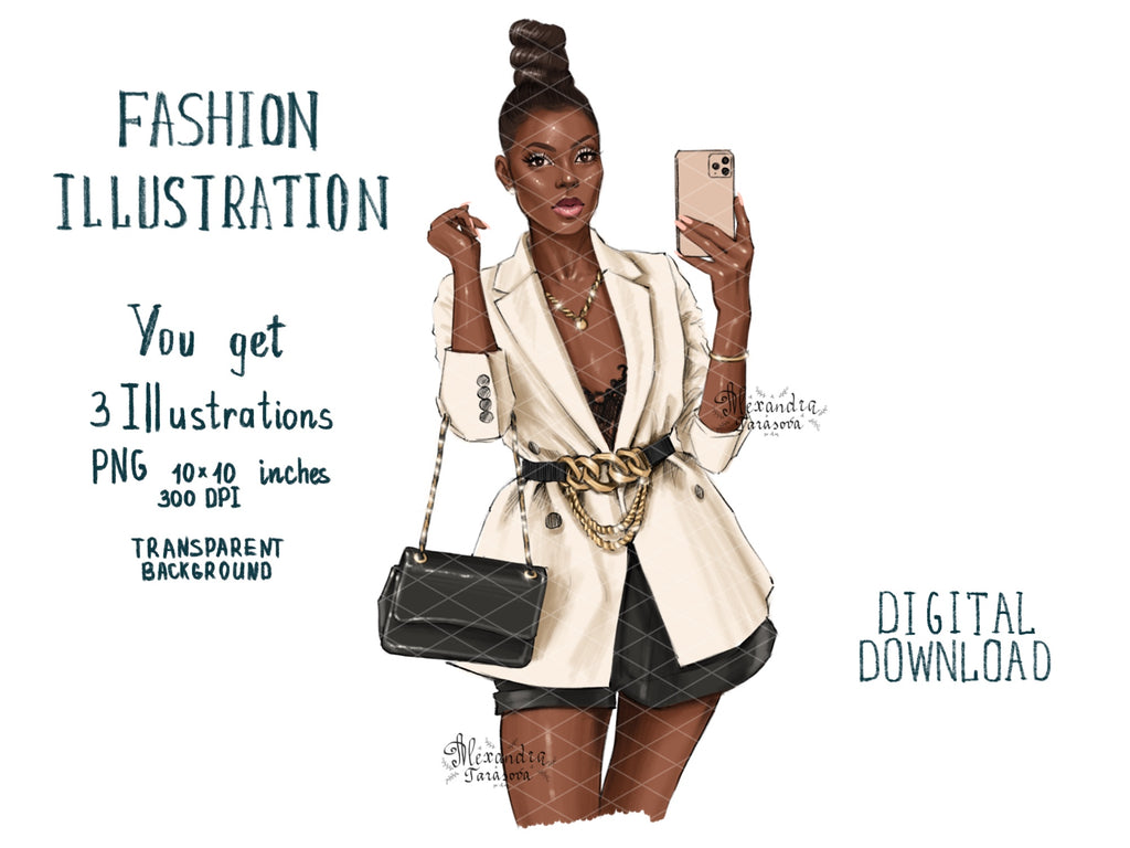 Digital Watercolor Illustration Fashion Girl Business Outfit Black Girl Clipart African American Girl Drawing Planner Stickers
