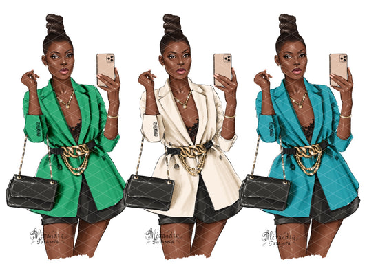 Digital Watercolor Illustration Fashion Girl Business Outfit Black Girl Clipart African American Girl Drawing Planner Stickers