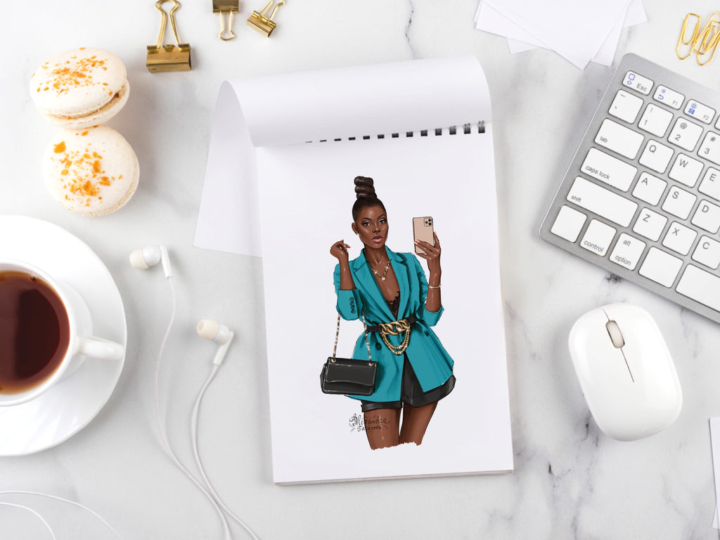 Digital Watercolor Illustration Fashion Girl Business Outfit Black Girl Clipart African American Girl Drawing Planner Stickers