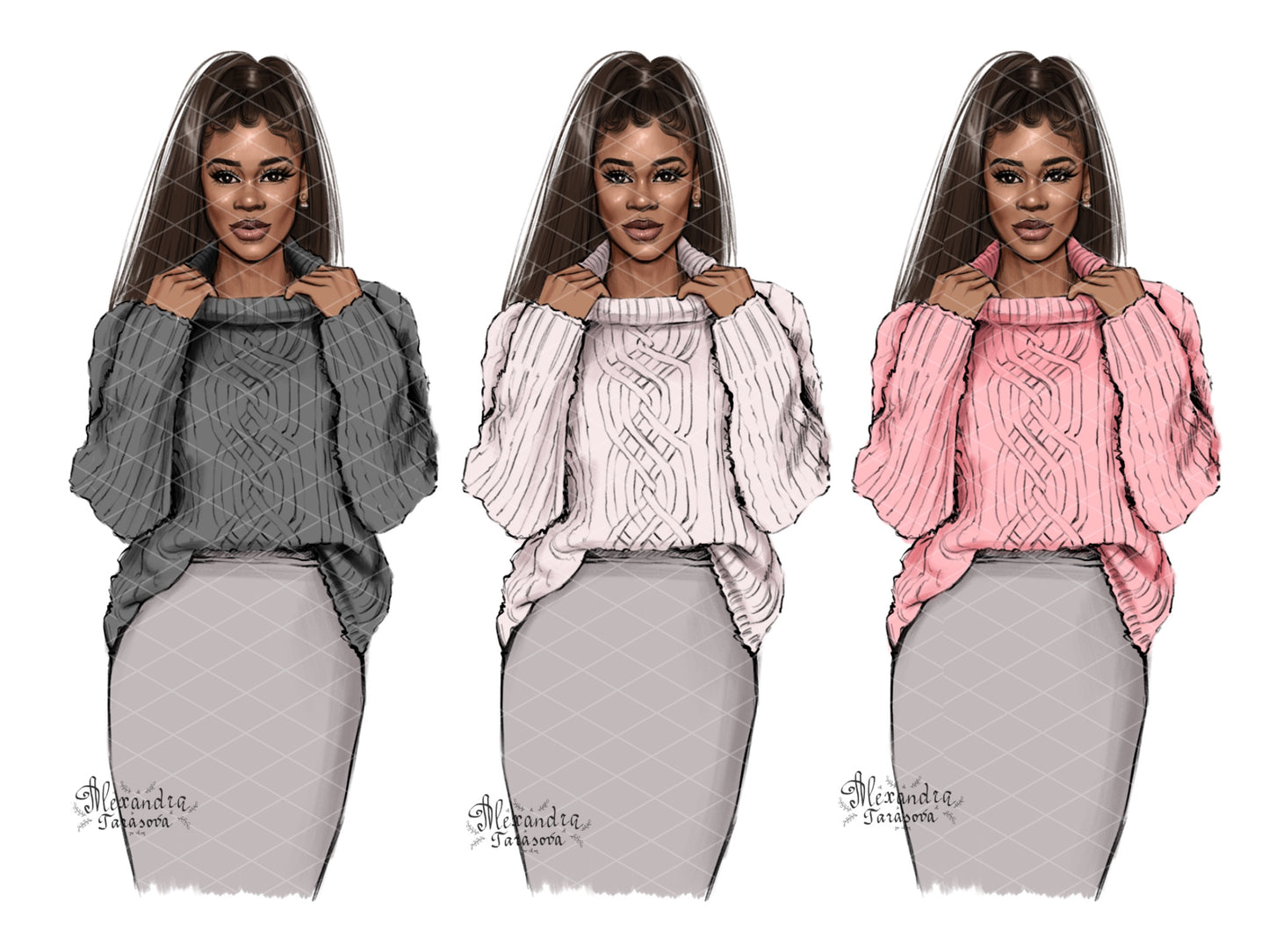 Digital Watercolor Illustration Fashion Girl Black Girl Clipart African American Girl Winter Holiday  Fashion Sweater Drawing Sketch